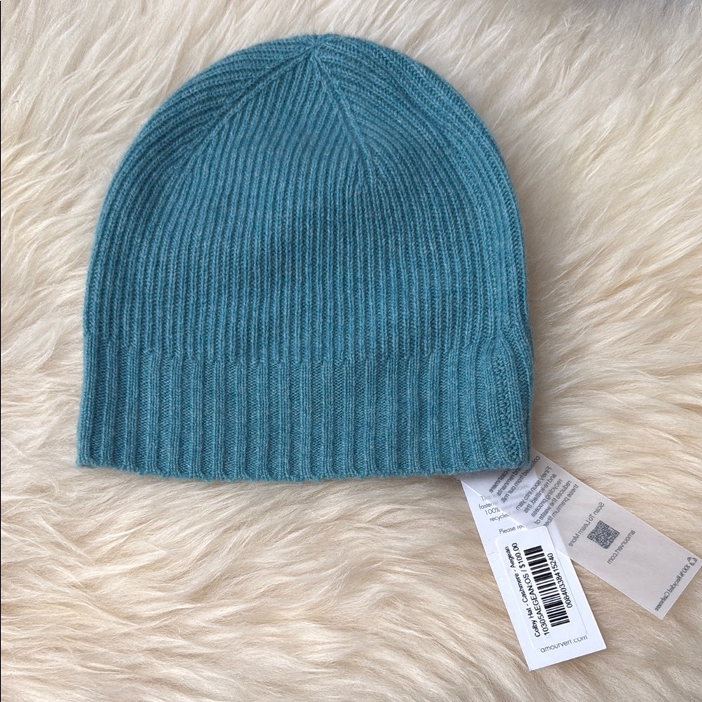 Teal Ribbed Knit Cashmere Amour Vert Beanie